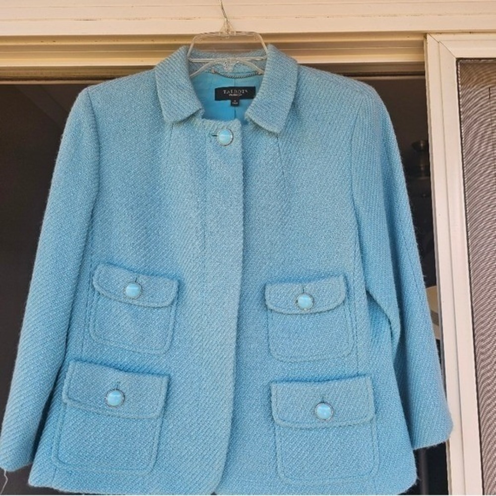 Talbots Tweed Jacket Women 8 Light Blue Wool Blend 4-Pocket Blazer Coat